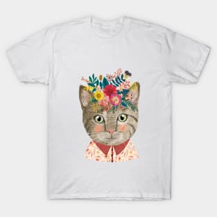 Grey Cat with Flower Crown. Animal lover art T-Shirt